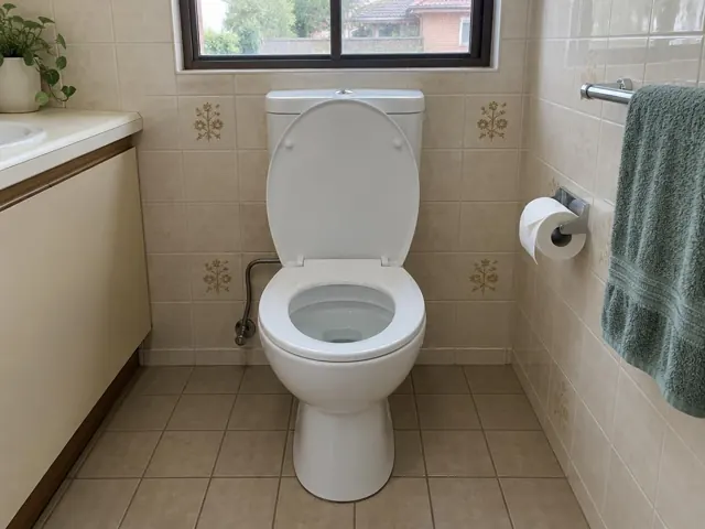 Clean toilet in a tiled bathroom with tiled walls and a window in Caringbah South